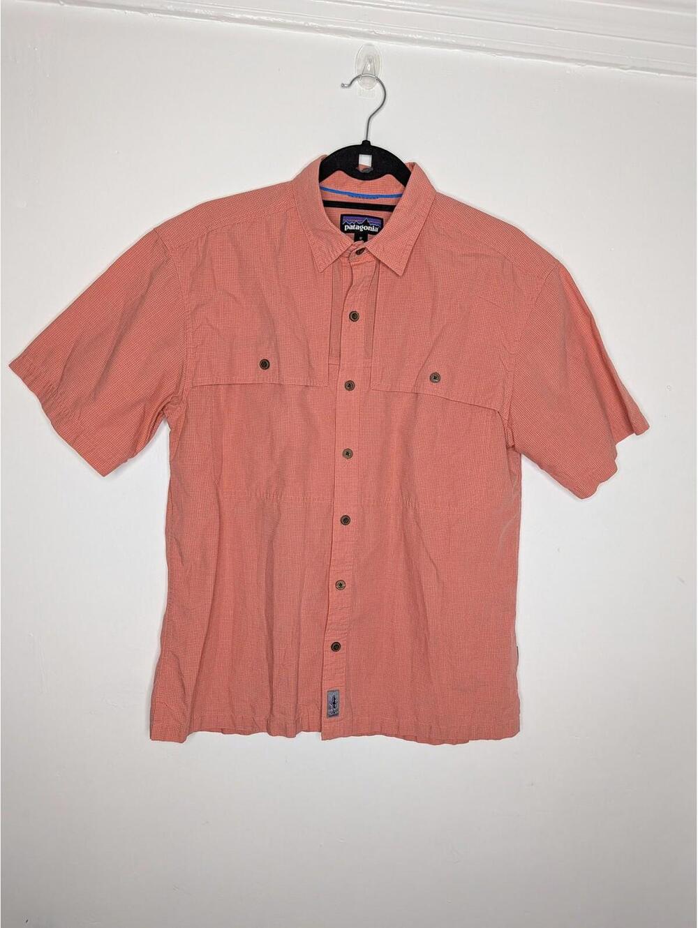 Patagonia Shirt Mens Medium Orange Check Short Sleeve Button Pockets Outdoor